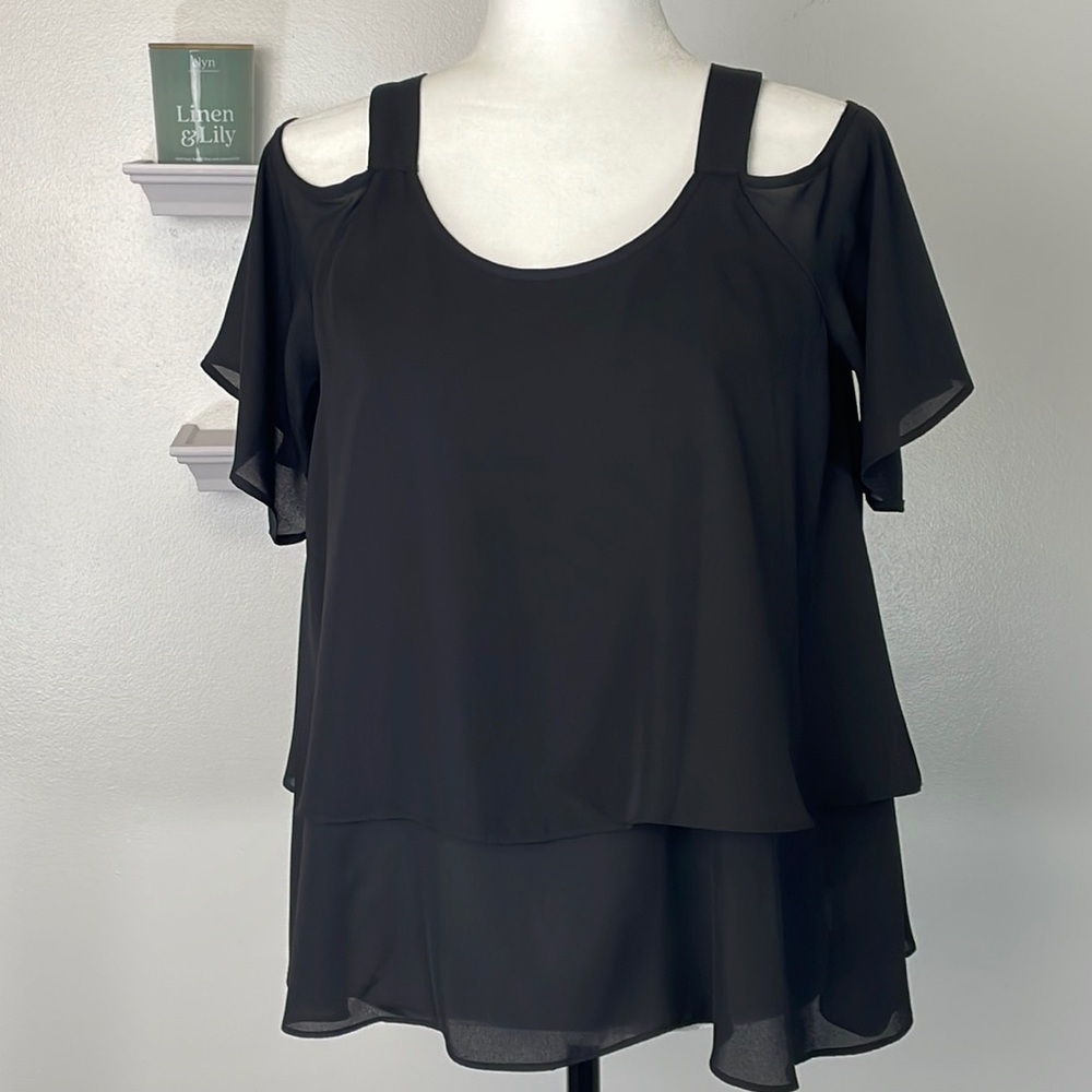 DR2 Black Cold Shoulder Ruffled Open Shoulder Top Size Small - Picture 13 of 13
